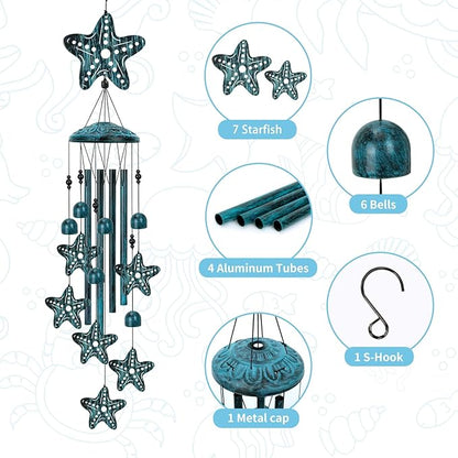 Starfish Wind Chimes for Outside, Large Starfish Gifts for Women, Blue Marine Animal Wind Chime, Metal Starfish Decor, 40" Outdoor Garden Decor for Lawn, Porch, Patio, Yard