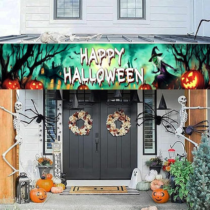 Happy Halloween Banner Large 120 x20 Inch Green Yard Sign Banner Flag Scary Halloween Party Hanging Decorations for Outdoor Fence Garage Garden Porch Holiday Backdrop Decor