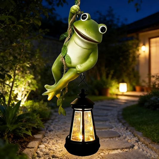 Solar Frogs Outdoor Garden Statues, Christmas Hanging Climbing Rope Frog on a Vine with Lantern Tree Hugger Figurine Lights for Outside Yard Art Sculptures Porch Balcony Wall Decor, Funny Gifts