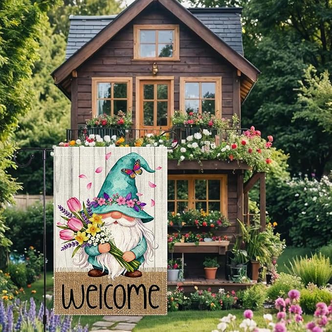 Welcome Garden Flag 12x18 Inch Double Sided with Spring Gnome, Butterfly, Tulips, Daffodils, and Floral Bouquet for Outdoor Yard Decoration