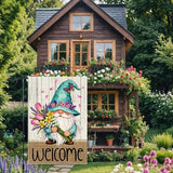 Welcome Garden Flag 12x18 Inch Double Sided with Spring Gnome, Butterfly, Tulips, Daffodils, and Floral Bouquet for Outdoor Yard Decoration