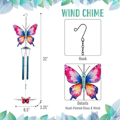 CoTa Global Magical Butterfly Wind Chime - Insect-Themed Metal Hanging Decor with Metallic Blue-Tone Tubes and Beaded Accents, Indoor Outdoor Porch Patio Garden Decoration - 32 Inches