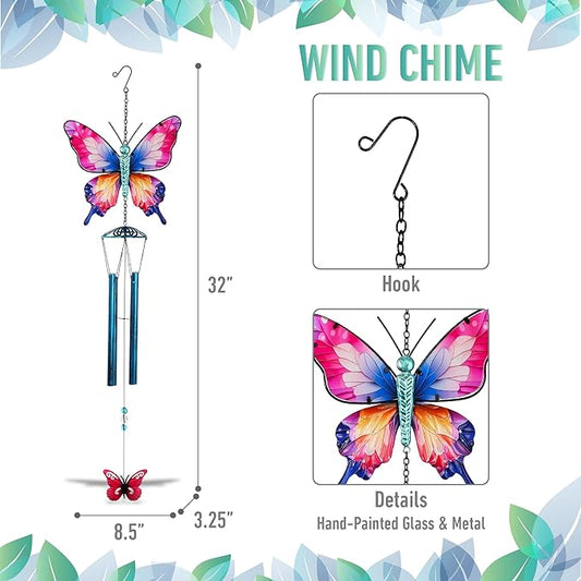CoTa Global Magical Butterfly Wind Chime - Insect-Themed Metal Hanging Decor with Metallic Blue-Tone Tubes and Beaded Accents, Indoor Outdoor Porch Patio Garden Decoration - 32 Inches