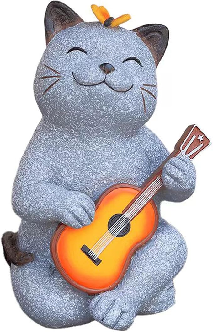 Cat Garden Statue Outdoor Decor, Cat Sculpture with Guitar and Butterfly for Yard Lawn Patio Balcony, Christmas Birthday Housewarming Gifts for Mom, Grandma, Women, 8.8 inch, Resin