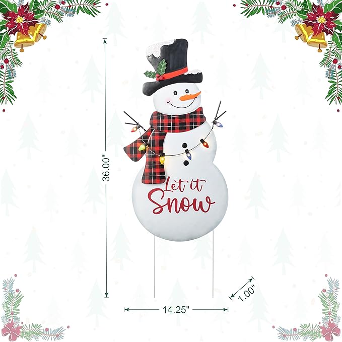 Glitzhome Lighted Metal Christmas Snowman Yard Stake with Colorful Strawberry Bulbs, 36" H Let it Snow Outdoor Decor, Iron Snowman Sign for Holiday Lawn & Garden