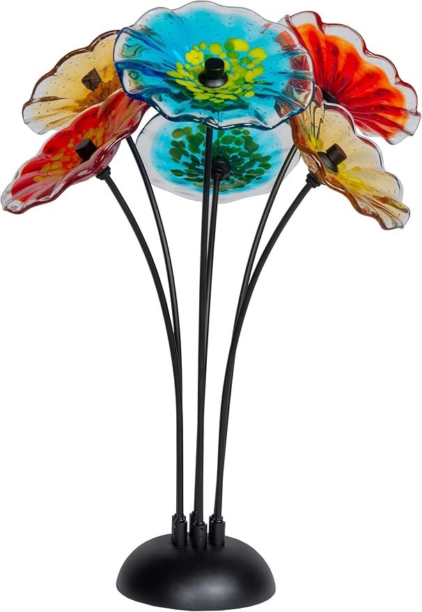 Dale Tiffany AS23099 Fiore Bloom Hand Blown Glass Flower Art Glass Sculpture with Metal Stand for Indoor Garden Patio Decoration, Multi Color, 6-Plate 26" Tall