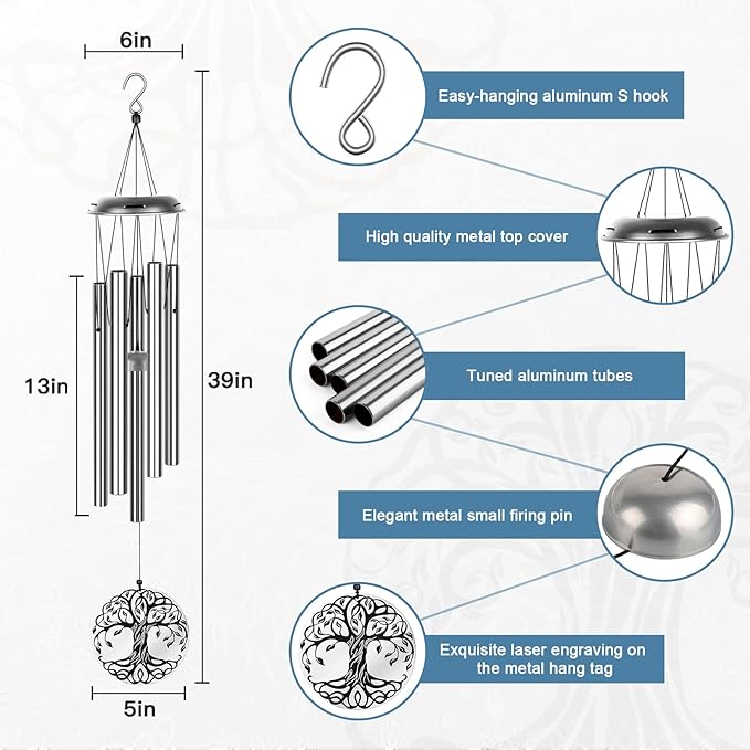 Sympathy Wind Chimes for Loss of Loved One, Memorial Windchimes for Lost Father Mother, Remembrance Bereavement Gift, in Memory of Dad Mom Metal Funeral Decor for Garden Outdoor (39“ Silver)