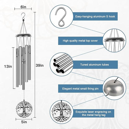 Sympathy Wind Chimes for Loss of Loved One, Memorial Windchimes for Lost Father Mother, Remembrance Bereavement Gift, in Memory of Dad Mom Metal Funeral Decor for Garden Outdoor (39“ Silver)