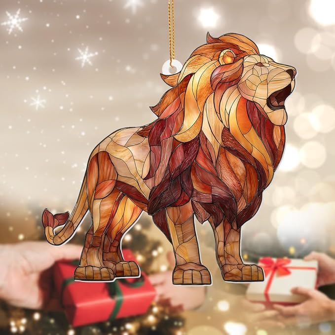 Lion Stained Glass Ornament Acrylic Window Hanging Sun Catcher – Wildlife Animal Decor for Christmas Tree, Rearview Mirror, Home & Car Accessories, Safari Gifts for Men Women, Symbol of StrengthSun-26