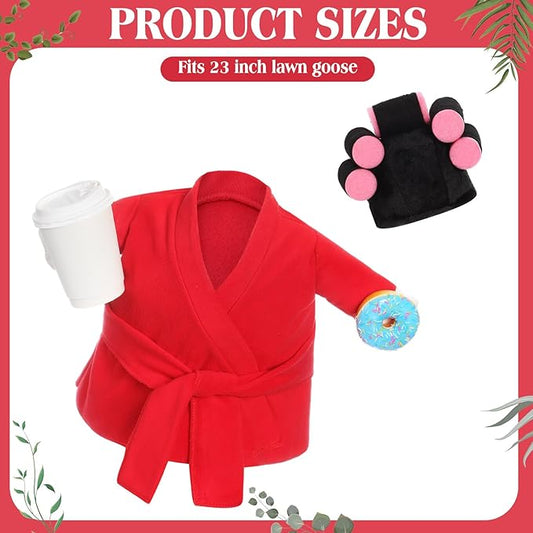 Shyyween Spring Porch Goose Outfits 23 Inch Lady Goose Robe and Curlers Red Pajamas Coffee Cup Cement Concrete Front Porch Geese Clothes Summer Statue Costumes Accessories