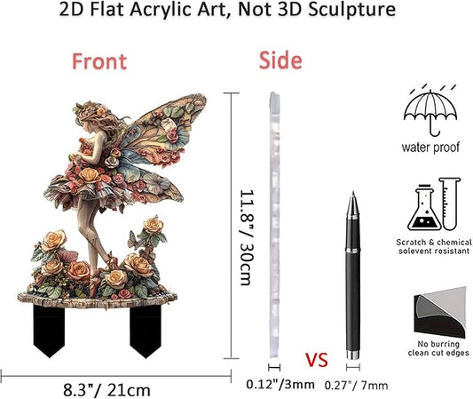 Flower Fairy Garden Stake Decor, 2D Flat Acrylic Elf Garden Sign with Stake, Fairy with Magic Sign for Indoor Outdoor Yard Lawn Balcony Pot Plants (Rose Fairy)
