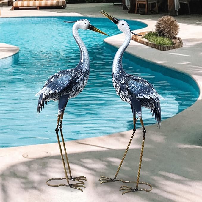 33-35 Inch Blue Heron Garden Statues, Metal Cranes Sculptures Outdoor, Bird Statues Set of 2
