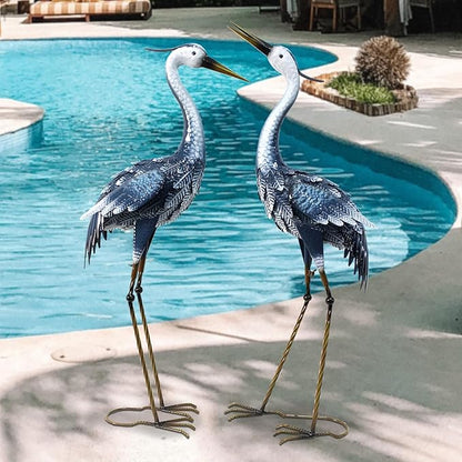 33-35 Inch Blue Heron Garden Statues, Metal Cranes Sculptures Outdoor, Bird Statues Set of 2