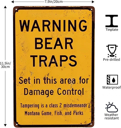Custom Kraze Warning Bear Traps Montana Reproduction Metal Sign 8 x 12