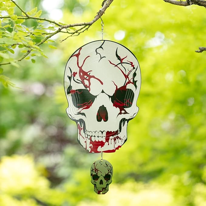 12inch Halloween Decoration Skull Wind Spinner Outdoor, 3D Kinetic Hanging Wind Sculpture, Stainless Steel Rustproof Garden Spinner Decor, Metal Yard Art, Unique Gift for Men, Holidays
