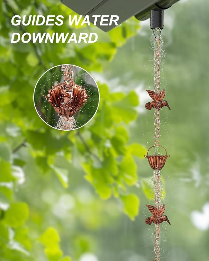 INNOWARMER 8.8ft Rain Chains for Gutters Outside, Rain Catcher Chain with 6 Metal Cups & Hummingbird Decor, Adjustable Hanging Rain Hutter Chain Downspout Substitute for Garden Drainage & Eaves