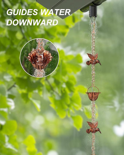 INNOWARMER 8.8ft Rain Chains for Gutters Outside, Rain Catcher Chain with 6 Metal Cups & Hummingbird Decor, Adjustable Hanging Rain Hutter Chain Downspout Substitute for Garden Drainage & Eaves