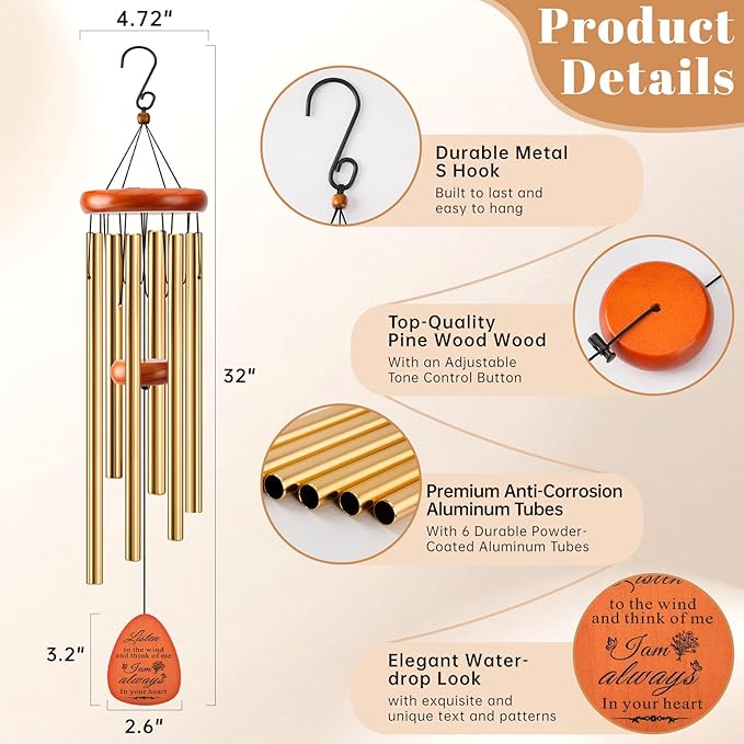 Memorial Wind Chimes for Loss of Loved One, Windchimes in Memory of a Loved One Outdoor Remembrance/Condolences/Sympathy/Bereavement Gifts for Loss of Mother Father Husband, 32" Gold