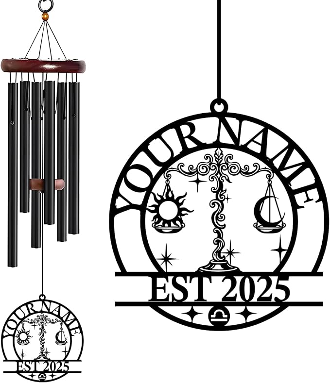 Personalized Customize Name 12 Zodiac Signs Wind Chime, Metal Iron 37 Inch Outdoor Memorial Gift for Garden Yard Patio Home Decor, Black (Libra)