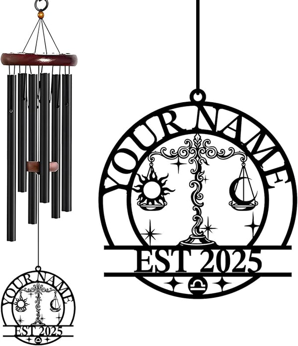Personalized Customize Name 12 Zodiac Signs Wind Chime, Metal Iron 37 Inch Outdoor Memorial Gift for Garden Yard Patio Home Decor, Black (Libra)
