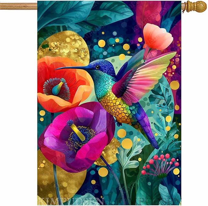 Hummingbird Floral Welcome House Flag 28x40 Inch Double Sided for Outside, Spring Summer Garden Decor for Patio Lawn