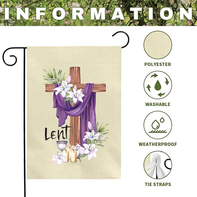 Lent Garden Flag 12x18 Inch Christian Easter Yard Flags with Cross Purple Cloth Lilies and Candles Religious Spring Outdoor Banner for Ash Wednesday Resurrection Faith Church Home Porch Decor