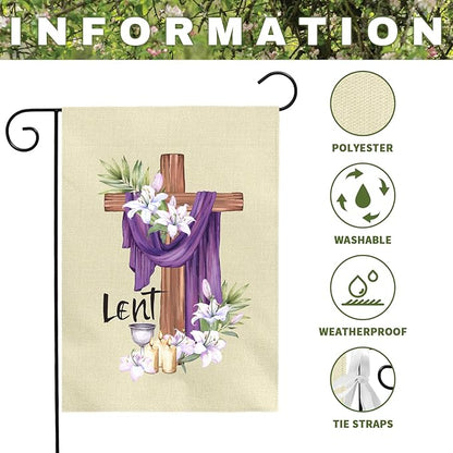 Lent Garden Flag 12x18 Inch Christian Easter Yard Flags with Cross Purple Cloth Lilies and Candles Religious Spring Outdoor Banner for Ash Wednesday Resurrection Faith Church Home Porch Decor