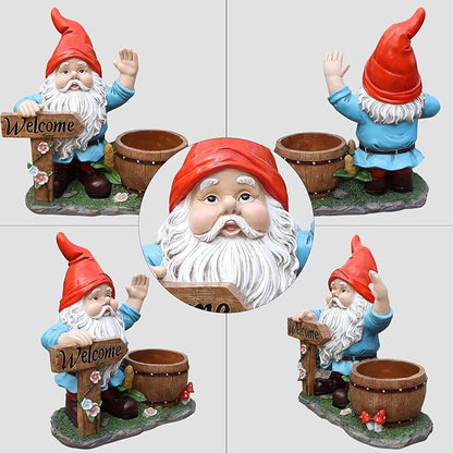 Gnome Garden Statue Planter with Welcome Sign, Waterproof Outdoor Resin Flower Pot, Yard Lawn Patio Decor, Front Porch Ornament Housewarming Gift(Red Hat Gnome)