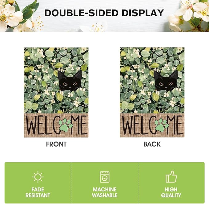 AVOIN colorlife Spring Summer Floral House Flag 28x40 Inch Double Sided Outside, Eucalyptus Black Cat Welcome Seasonal Yard Outdoor Flag