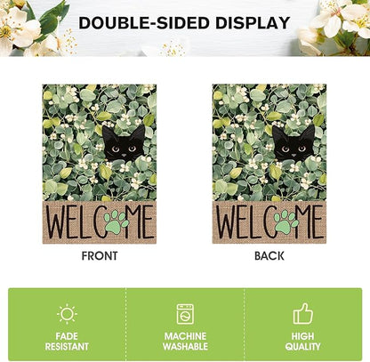 AVOIN colorlife Spring Summer Floral House Flag 28x40 Inch Double Sided Outside, Eucalyptus Black Cat Welcome Seasonal Yard Outdoor Flag