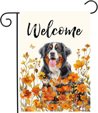 Bernese Mountain Fall Garden Flag Autumn Dog Yard Sign Orange Floral Thanksgiving Outdoor Banners for Outside 12x18 Double Sided Small Wild Flower Lawn Decorations