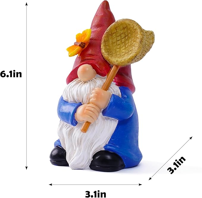 Garden Gnome Statue with Butterfly Net - Hand-Painted Resin Figurine 6.1in, Weatherproof Outdoor Decor for Patio, Yard, Lawn - Durable Indoor/Outdoor Accent, Gift for Mom,Women