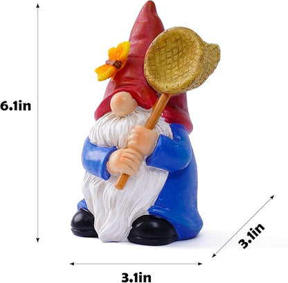 Garden Gnome Statue with Butterfly Net - Hand-Painted Resin Figurine 6.1in, Weatherproof Outdoor Decor for Patio, Yard, Lawn - Durable Indoor/Outdoor Accent, Gift for Mom,Women