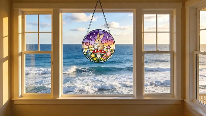 Funoasis Bunny Stained Glass Suncatcher - 6.3 Inches Easter Egg Rabbit and Mushroom Hanging Window Ornaments for Home Spring Decoration