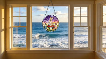 Funoasis Bunny Stained Glass Suncatcher - 6.3 Inches Easter Egg Rabbit and Mushroom Hanging Window Ornaments for Home Spring Decoration