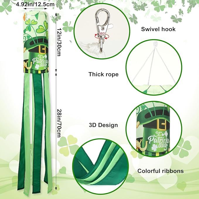 NOVWANG 2 Pieces St. Patrick's Day Windsock, 40 Inch Green Shamrock Outdoor Hanging Decorative for Balcony, Yard, Lawn, Patio, Garden