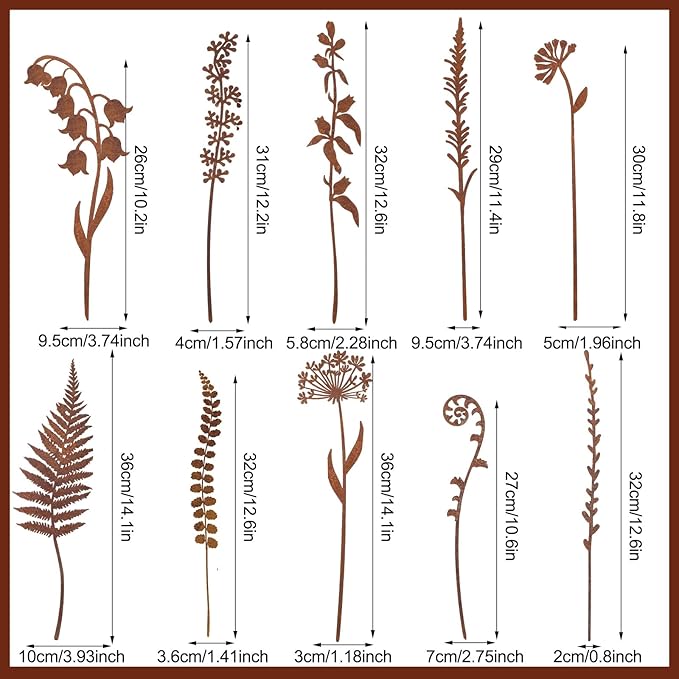 Duraaamo Set of 10 Metal Garden Stakes Decorative Metal Flowers for Outside Plants Stakes Yard Outdoor for Lawn Yard Walkway Pathway and Flower Garden