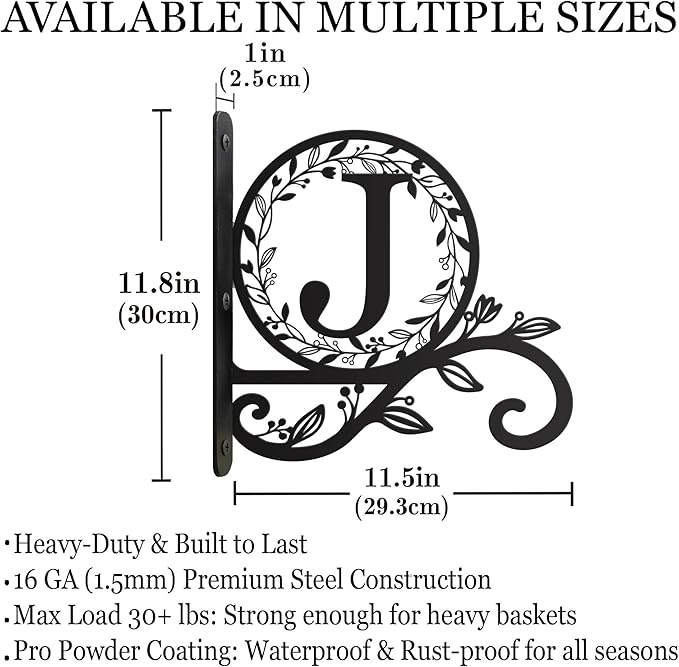 Metal Initial Letter J Plant Hanger Bracket, Decorative Wall Mount Hanging Plant Hook, Monogram Floral Leaf Garden Decor for Hanging Baskets, Bird Feeders, Lanterns, Wind Chimes