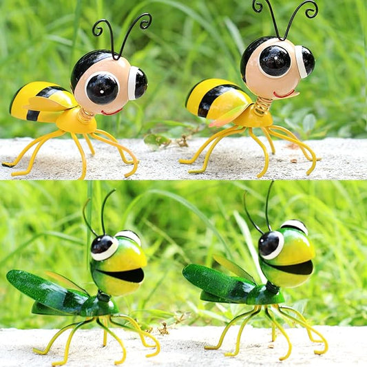 Cruis Cuka Metal Yard Art Garden Decor Cute Grasshopper & Bee Lawn Ornament Backyard Decorations Animal Hanging Flower Pot and Vase Hugger - Set of 4