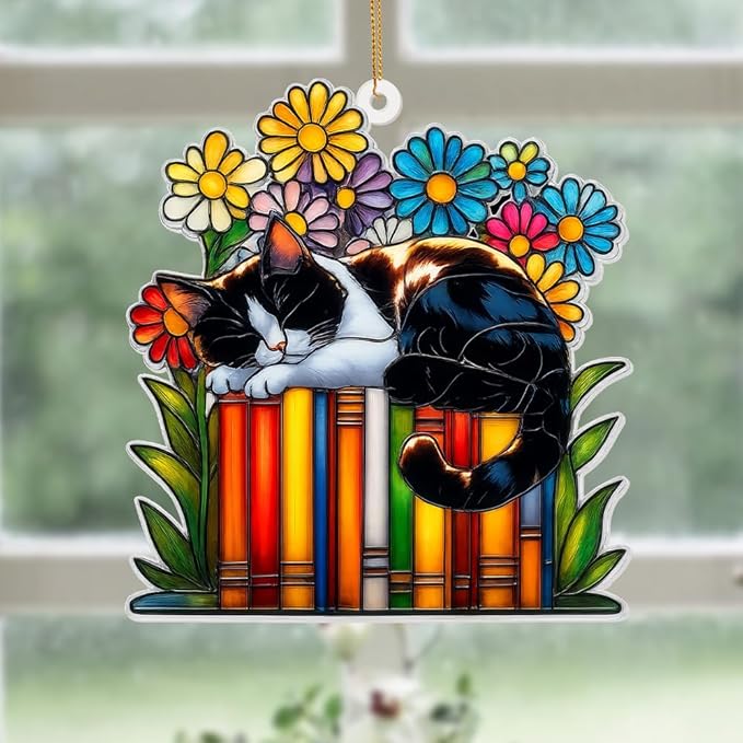 Cat Book Ornament – Stained Glass Style Acrylic Christmas Ornament, Book Lover Gifts for Women, Teacher & Librarian Holiday Decorations, Bookworm Fantasy Ornament for Reading Nook or Tree(Sun-16)