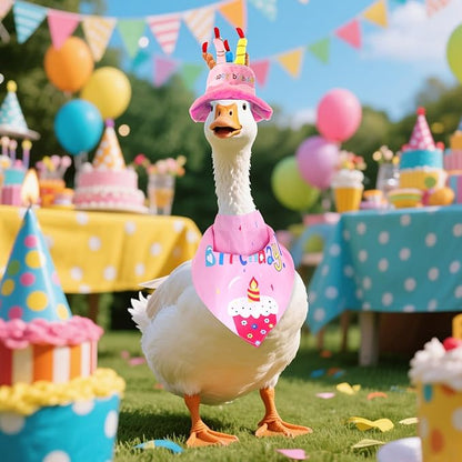 Happy Birthday Porch Goose Outfits with Birthday Cake Hat and Bandana for 17" 23" Cement Lawn Goose Statue Costume for Luau Party Outdoor Garden Yard Decor (Pink)