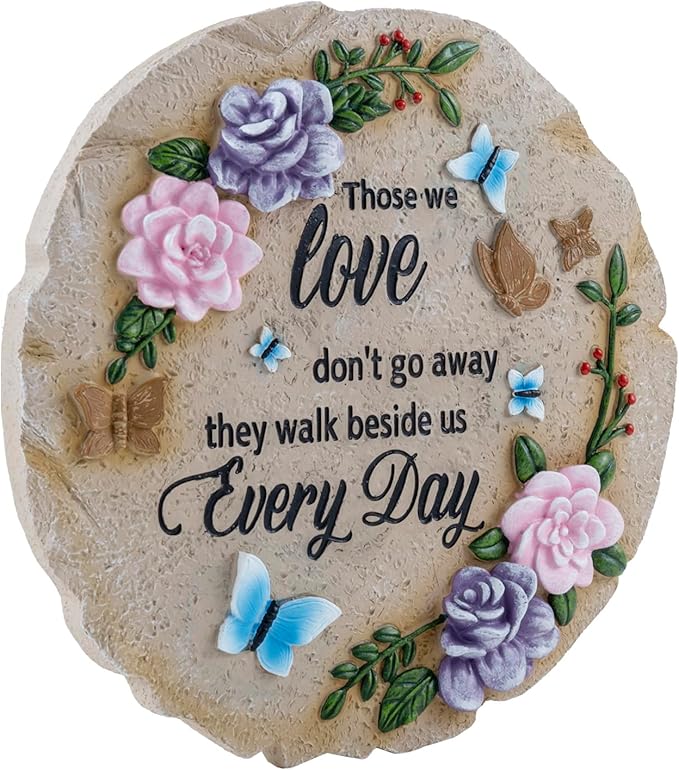 MyGift 9 Inch Resin Memorial Stepping Stone, Butterfly & Floral Sympathy Plaque, Bereavement Remembrance Gifts for Loss of Loved One, Outdoor Remembrance Stone