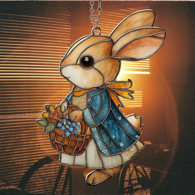 Whimsical Rabbit Floral Mosaic Decor Acrylic Suncatcher Stained Glass Effect Window Car Hanging Christmas Ornament Indoor Outdoor Decor Garden Sun Catcher Panel for Easter Lover for Women Mom Grandma