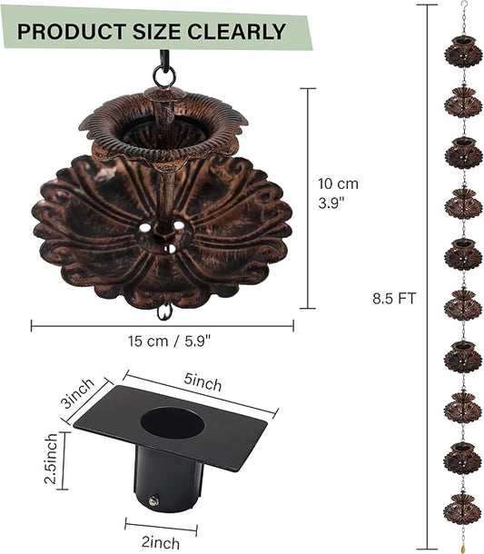 Fountain Rain Chain for Gutters – Large & Small Cup Designed Rain Chains, Customizable DIY Layout, Rust-Resistant Coated Metal Downspout Alternative for Garden, Patio & Outdoor Décor (8.5 FT)