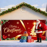 IVN Merry Christmas Garage Door Cover Decoration 13x6ft Golden Ribbon Tree on Red Holiday Christmas Banner Home Garage Door Front Yard Decor for Xmas Eve Winter Scene Holiday Outdoor Background