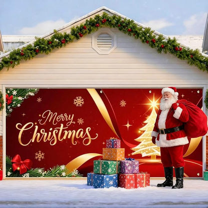 IVN Merry Christmas Garage Door Cover Decoration 13x6ft Golden Ribbon Tree on Red Holiday Christmas Banner Home Garage Door Front Yard Decor for Xmas Eve Winter Scene Holiday Outdoor Background