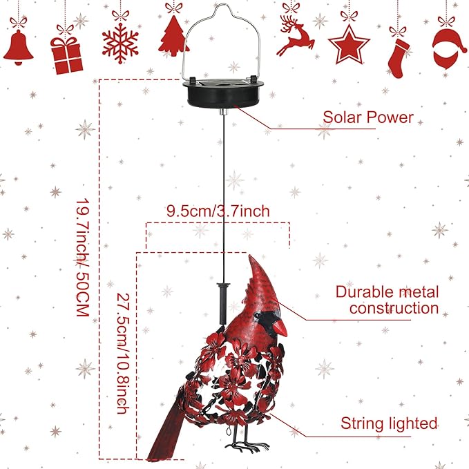 Glooglitter Cardinal Solar Lights Hanging Decoration Garden Outdoor Decor Metal Gifts Waterproof for Yard Front Porch Lawn Driveway Patio Backyard Pathway Gardening Lanterns Gift