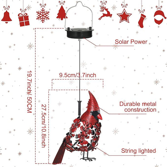 Glooglitter Cardinal Solar Lights Hanging Decoration Garden Outdoor Decor Metal Gifts Waterproof for Yard Front Porch Lawn Driveway Patio Backyard Pathway Gardening Lanterns Gift