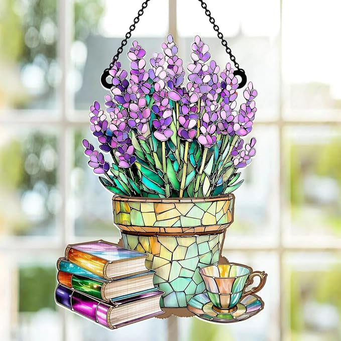 Jesuspirit - Window Hanging Suncatcher – Crystal Clear Acrylic & Wood Sun Catcher for Home Decor, for Women (Nostalgic Lavenders, Books, and Tea, 8 Inches)