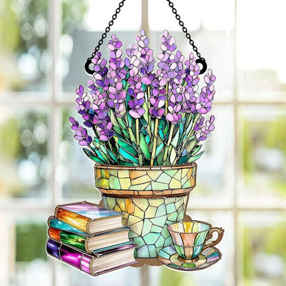 Jesuspirit - Window Hanging Suncatcher – Crystal Clear Acrylic & Wood Sun Catcher for Home Decor, for Women (Nostalgic Lavenders, Books, and Tea, 6 Inches)